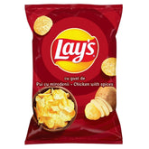 A red 125g bag of Lays - Chicken With Spices Crisps displays images of chips, potatoes, and a bowl, labeled "cu gust de Pui cu mirodenii • Chicken with spices," emphasizing its savory chicken flavor.